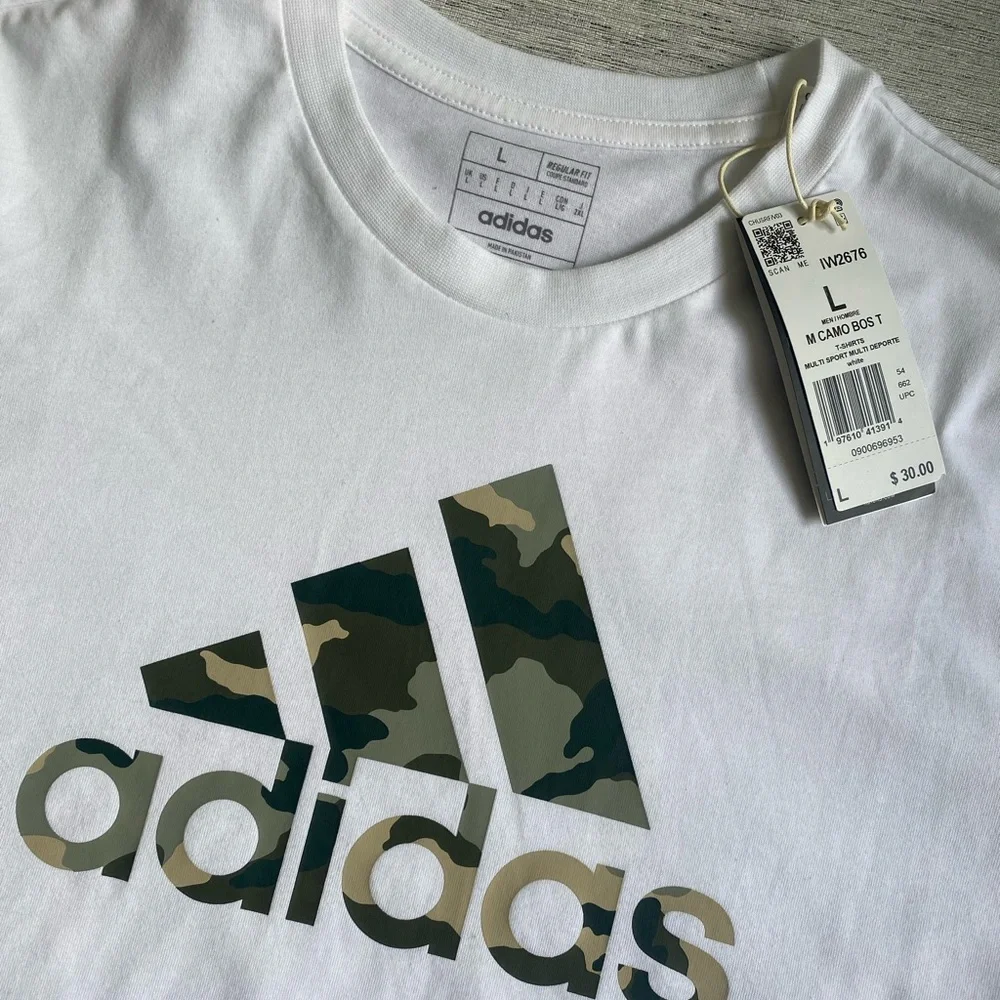 Adidas men’s White Tee with Camo Logo L NWT